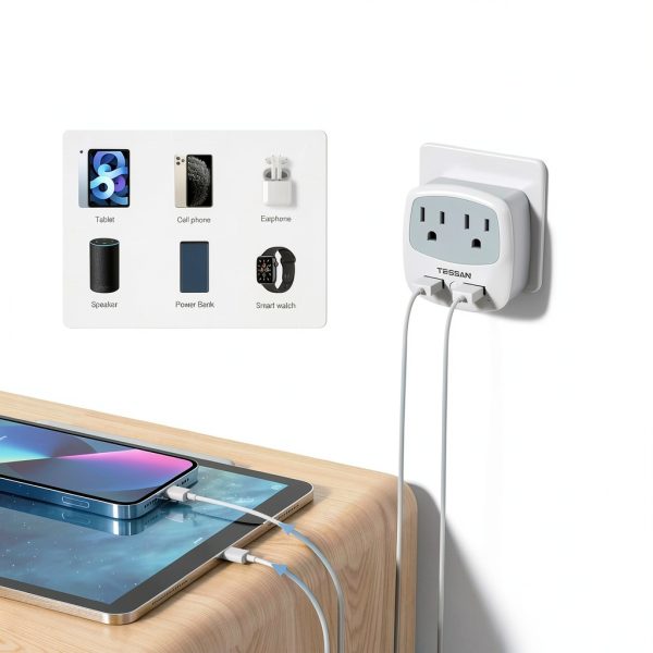 TESSAN US to Europe Plug Adapter 4-in-1 with 2 USB Ports TS-WM02-EU-3
