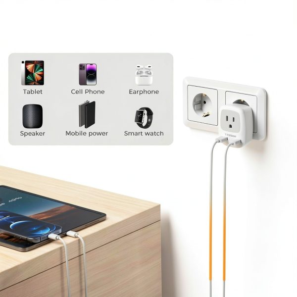 Tessan US to Europe 3-in-1 Plug Adapter Type C Gray 2.8×2.3×2.6in-3