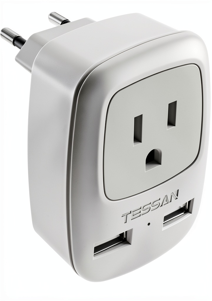 Installing Tessan US to Europe 3-in-1 Plug Adapter Type C Gray 2.8×2.3×2.6in on a wooden desk