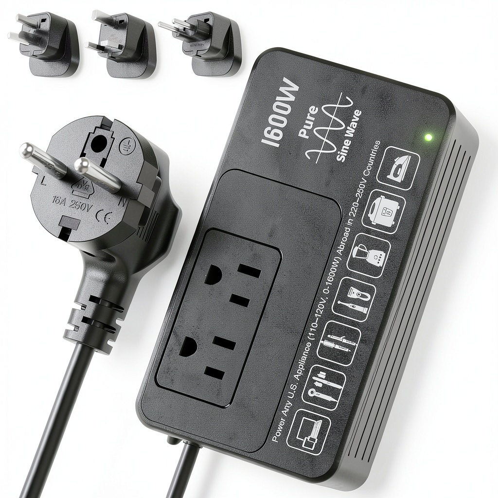 Installing 220V to 110V Voltage Converter HYTED 1600W Dual Color Black White on a hotel bedside table