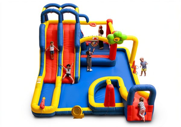 Inflatable Bounce House WELLFUNTIME Triple Slide Park with Dartboard-0