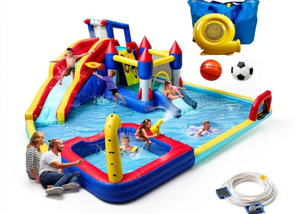 Large Inflatable Water Slide Park, 19x17x8 Ft 10 in 1 Water Bounce House with Blower, Dual Splash Pool, Water Cannon, Basketball & Soccer, Water Slides Bouncy Castle for 3-10 Kids Outdoor Backyard-0