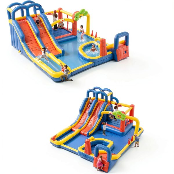 Inflatable Bounce House WELLFUNTIME Triple Slide Park with Dartboard-1