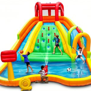 Inflatable Water Double Slides Park, Bounce House with Arched Water Gun Spray, Jumping Castle with Air Blower-0
