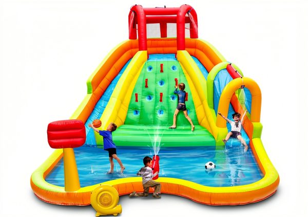 Inflatable Water Double Slides Park, Bounce House with Arched Water Gun Spray, Jumping Castle with Air Blower-0