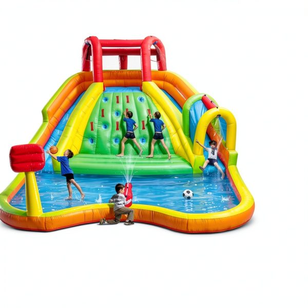 Inflatable Water Double Slides Park, Bounce House with Arched Water Gun Spray, Jumping Castle with Air Blower-1