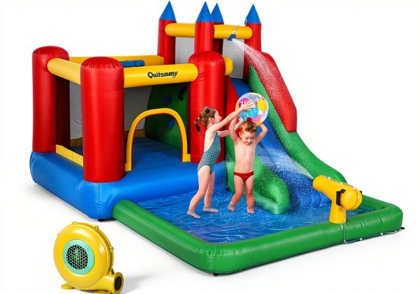 Outsunny 6-in-1 Kids Bounce House Water Slide with Pool & Cannon-0