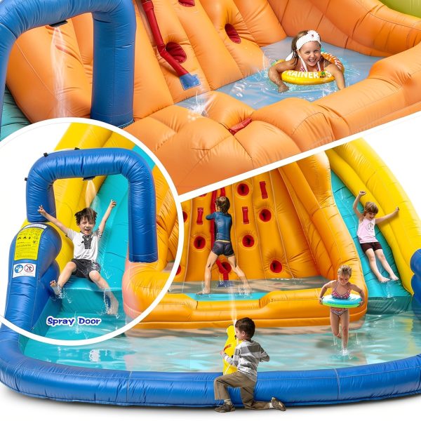 Inflatable Water Slide, Bounce House with Water Bucket, Deep Pool, Climbing Wall with Rope, Bouncy Castle with Air Blower-3