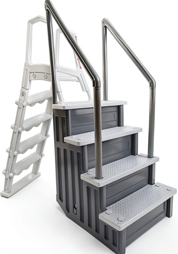 Aqua Select Anti Slip In Pool Steps with Ladder Gray/White 48-54" Deck-0