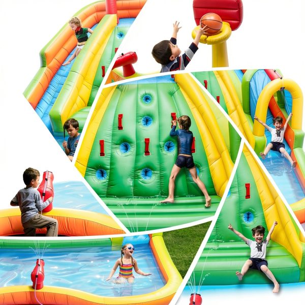 Inflatable Water Double Slides Park, Bounce House with Arched Water Gun Spray, Jumping Castle with Air Blower-4