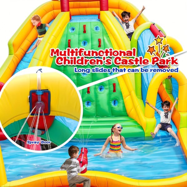 Inflatable Water Double Slides Park, Bounce House with Arched Water Gun Spray, Jumping Castle with Air Blower-2