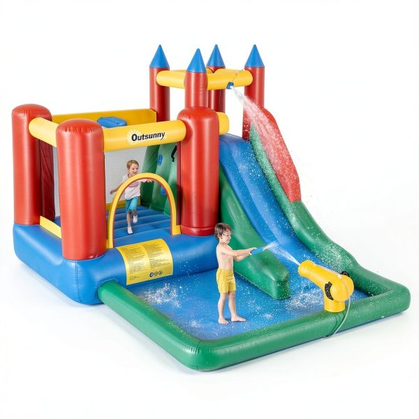 Outsunny 6-in-1 Kids Bounce House Water Slide with Pool & Cannon-1