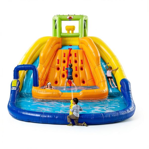 Inflatable Water Slide, Bounce House with Water Bucket, Deep Pool, Climbing Wall with Rope, Bouncy Castle with Air Blower-1