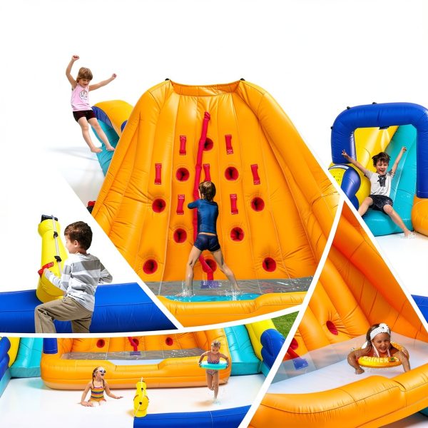 Inflatable Water Slide, Bounce House with Water Bucket, Deep Pool, Climbing Wall with Rope, Bouncy Castle with Air Blower-4
