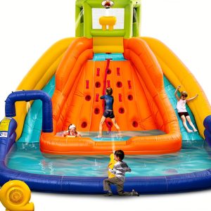 Inflatable Water Slide, Bounce House with Water Bucket, Deep Pool, Climbing Wall with Rope, Bouncy Castle with Air Blower-0