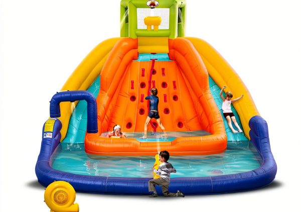 Inflatable Water Slide, Bounce House with Water Bucket, Deep Pool, Climbing Wall with Rope, Bouncy Castle with Air Blower-0