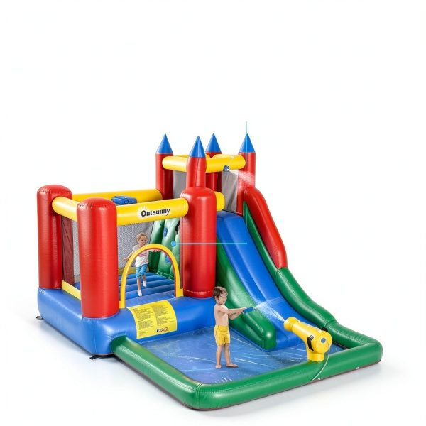 Outsunny 6-in-1 Kids Bounce House Water Slide with Pool & Cannon-2